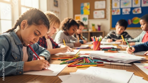 Focus and Creativity: Young students intently engrossed in their artwork within a bright, nurturing classroom setting. Emphasizing the value of education, art, and the potential of young minds.