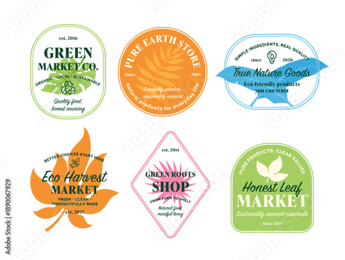 Logos from various eco-friendly stores focus on natural products and sustainable practices. These logos represent brands dedicated to quality and ethical choices in the marketplace.