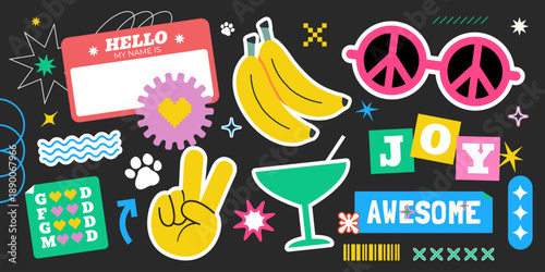 90s Y2K Sticker Collage With Peace Sign Sunglasses Bananas Cocktail Glass Hello Name Tag Good Food Good Mood Joy Text. Retro Funky Groovy Graphic Elements