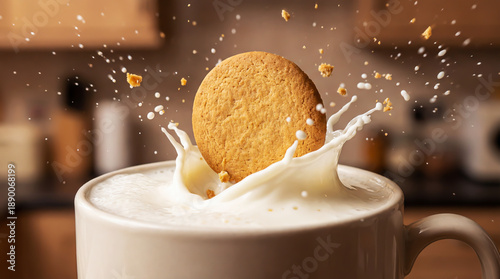 A cookie falling into a mug of milk