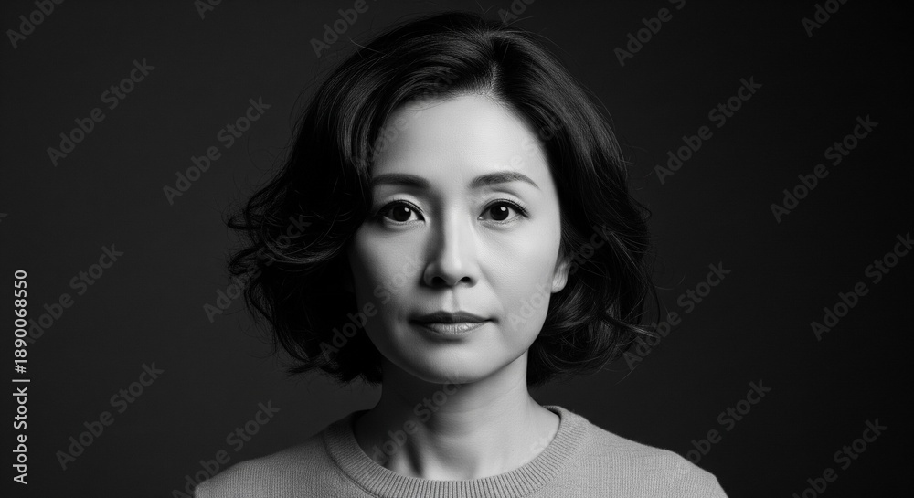 Fototapeta premium 落ち着いた表情と知的な雰囲気が漂う、緩めパーマが似合う40代日本人女性のモノクロポートレート