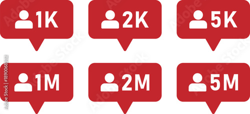 Follower Count Icons – Red Notification Badges with K and M Metrics