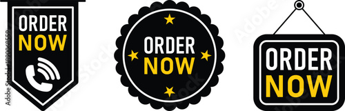Order Now Labels – Shield, Badge, Hanging Sign Vector Set