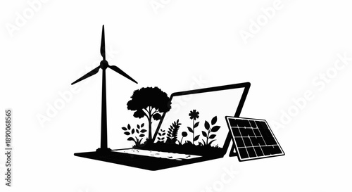 Digital technology merging with nature and renewable energy for a sustainable future.