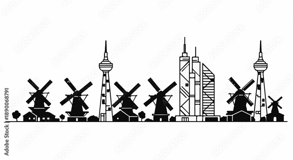 Fototapeta premium Modern city skyline blends with traditional windmills in a unique artistic depiction
