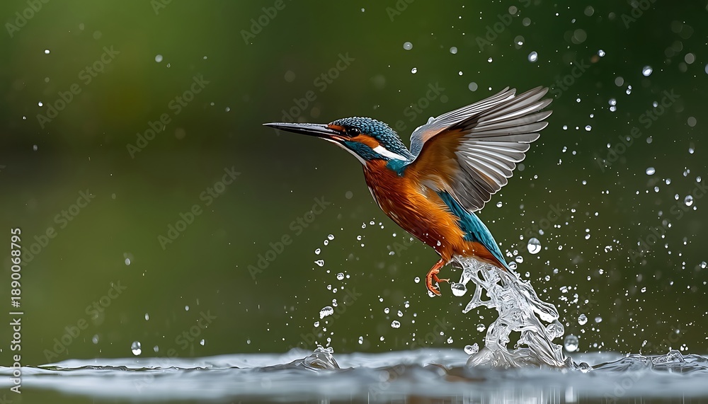 Obraz premium Vivid common kingfisher bird taking off from the water surface with beautiful splashes and droplets