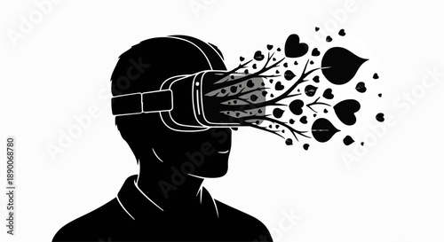 Person experiencing virtual reality with nature elements emerging from headset