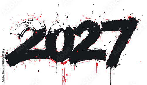 A high-contrast grunge artwork featuring the year 2027 in bold black brushstrokes with red paint splatters. Ideal for dynamic banners, posters,