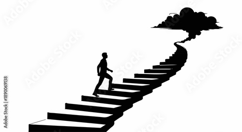 Silhouette of a person climbing stairs towards a bright, cloudy sky, symbolizing ambition and progress.