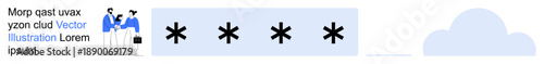 Data protection, cloud computing, cybersecurity, password encryption, user authentication, secure online access. Image shows a password field with asterisks and cloud icon. Data protection and cloud