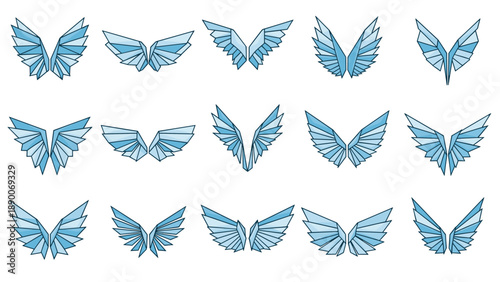 Flat vector icon set of geometric wings, low poly style, comprised of triangles and polygons, minimalist tech logo aesthetic, clean lines, blueprint blue and white color scheme, symmetrical, abstract