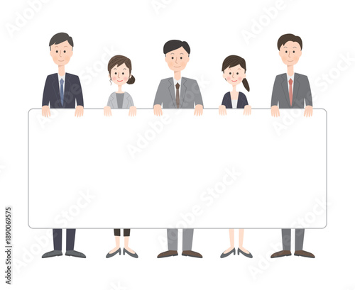 白いボードを持っているスーツ姿の男女