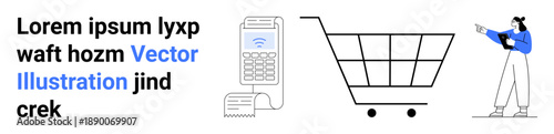 Mobile payment receipt, payment terminal, shopping cart, and interacting customer. Ideal for e-commerce, m-commerce, technology, retail, modern payment financial transactions simple landing page