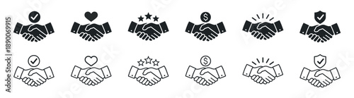 Business handshake icon set, partnership agreement symbol, friendly deal line and silhouette vector illustration, modern simple graphic elements on transparent background