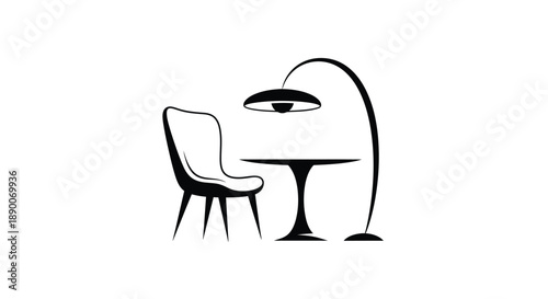 A minimalist icon of a chair, table, and lamp on a clean white background, conveying a simple and modern interior design concept.