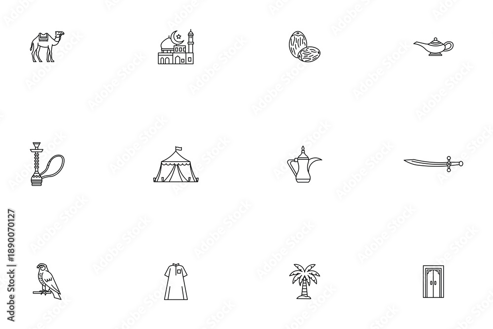 Fototapeta premium Set of Arabic culture line icons, minimalist Middle Eastern and Islamic symbols vector