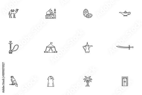 Set of Arabic culture line icons, minimalist Middle Eastern and Islamic symbols vector