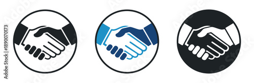 Handshake icon set, business agreement and partnership symbols with heart and checkmark, flat and outline vector illustration collection on transparent background