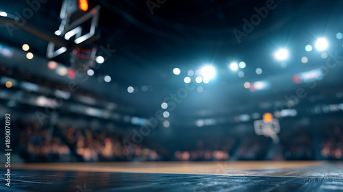 Empty basketball court with glowing lights and blurred spectators in background
