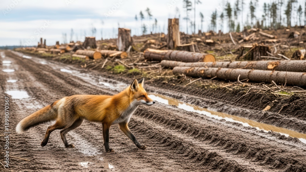 Fototapeta premium Red fox traversing muddy dirt road in deforested area with fallen logs and overcast sky