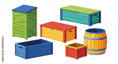 Collection of assorted outdoor storage containers including colorful wooden crates, wicker chests, and a classic wooden barrel for garden organization