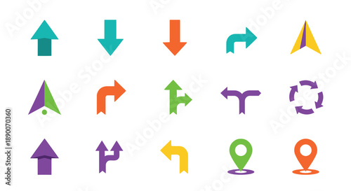 A vibrant collection of flat design navigation and direction icons featuring various arrows map pointers and directional symbols for user interface elements