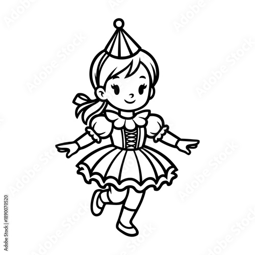 Dibujo sencillo con líneas de una niña andando disfrazada para la fiesta de carnaval 