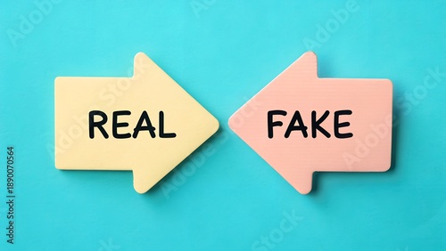 Real versus fake concept with opposing arrows on blue background
