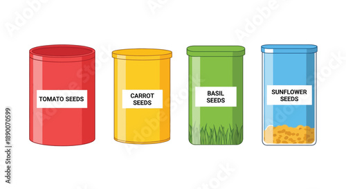 Four colorful illustrated seed storage containers labeled for tomato carrot basil and sunflower varieties perfect for gardening plans