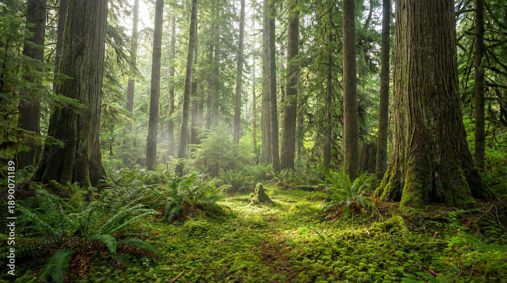 Fototapeta premium Lush forest scene with tall trees and ferns illuminated by soft sunlight in vibrant green setting. Forest environment features dense foliage and serene atmosphere,