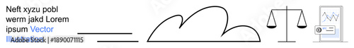 Cloud computing, legal systems, data analysis, digital technology, information balance, justice. Minimalistic cloud, scales and analytics graph elements. Cloud computing and legal systems