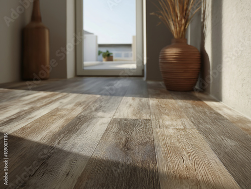 Warm SPC Wood Flooring in Sunlit Modern Home Hallway Interior