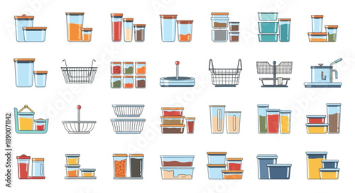 Assortment of illustrated kitchen storage containers including various sized jars canisters baskets and organizing tools for pantry and refrigerator organization