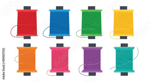 Eight vibrant spools of thread in bright contrasting colors arranged neatly in two rows for sewing or crafting projects