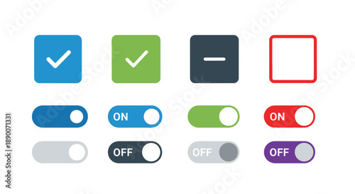 Collection of various colorful user interface toggle switches checkboxes and selection icons representing digital on off states for web application design