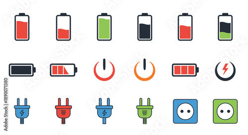 A versatile collection of colored icons representing battery life power status charging indicators electrical plugs and wall outlets for energy management concepts