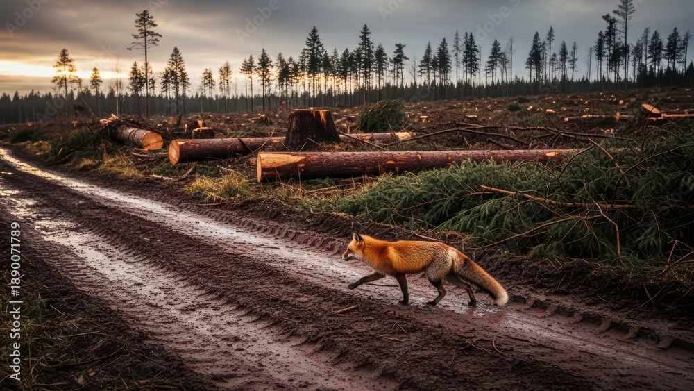 Fototapeta premium Solitary fox crosses muddy forest path amidst recently logged trees at sunset in northern wilderness