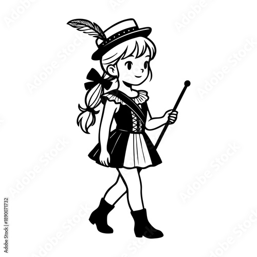 Dibujo sencillo con líneas de una niña andando disfrazada para la fiesta de carnaval 