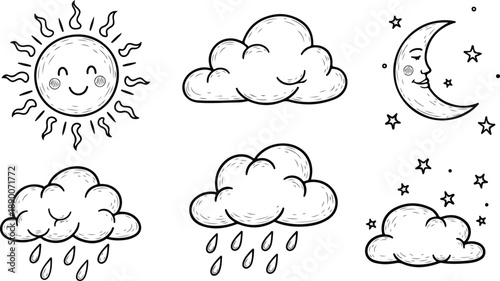 A cartoon weather forecast icons set featuring sun, rain, and snow symbols inside speech bubble and thought balloon design elements for a creative nature web illustration