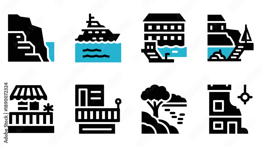 Naklejka premium Minimalist travel and leisure icons: coastal, urban, and nature-themed designs