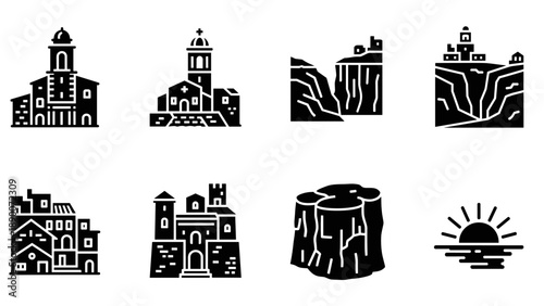 Monochrome historic buildings and landscapes vector icons set