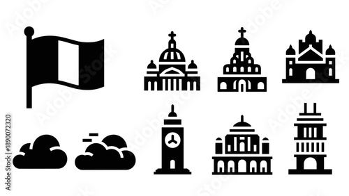 Iconic italian landmarks and flag silhouette collection