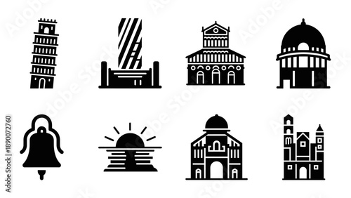 Italian landmark icons: pisa, florence, venice, and milan in bold graphic style