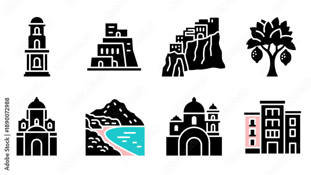 Fototapeta premium Colorful italian architecture and landscape icons set