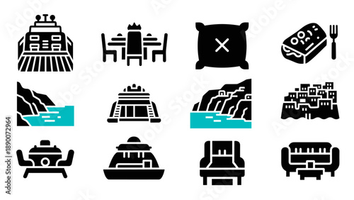 Travel icons: cruise, dining, and scenic views in silhouette style
