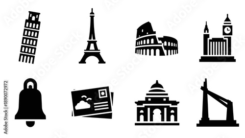 Icon set of global landmarks with bold black silhouettes