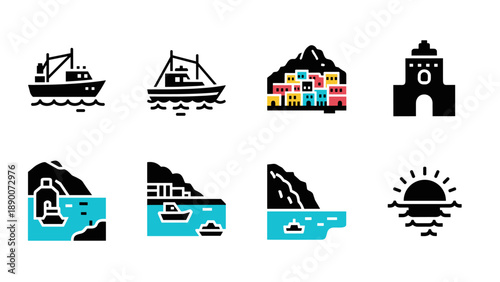 Coastal icons set featuring boats, buildings, and ocean landscapes in modern flat design