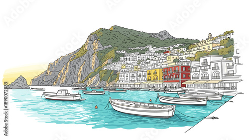 Picturesque seaside town with boats and hillside houses at sunset