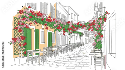 Charming european street scene with vibrant floral decor and outdoor seating