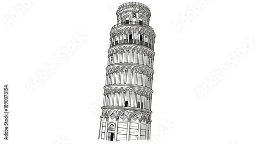 Detailed architectural drawing of the leaning tower of pisa in black and white